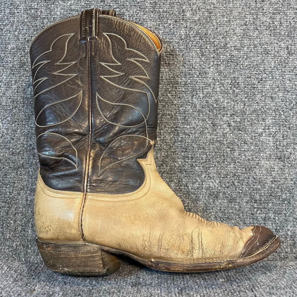 Vintage Tony Lama Men 10 Cowboy Boot Two Tone Brown Cream Leather Western Stitch